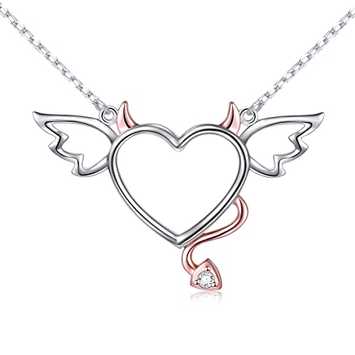 DAOCHONG Two-Tone 925 Sterling Silver Devil Heart with Wings Pendant Necklace for Women