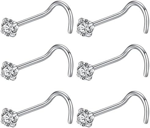 BLESSMYLOVE 6pcs 18g 3.0mm Clear CZ 316L Surgical Steel Silver Screw Nose Rings Studs Nose Nostrial Piercing Body Jewerly Screw Nose Rings for Women 18 gauge 3.0mm Cubic Zirconia Stainless Steel Nose Rings
