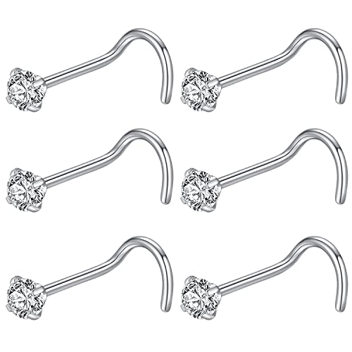 BLESSMYLOVE 6pcs 20g 3.0mm Clear CZ 316L Surgical Steel Silver Screw Nose Rings Studs Nose Nostrial Piercing Body Jewerly Screw Nose Rings for Women 20 gauge 3.0mm Cubic Zirconia Stainless Steel Nose Rings