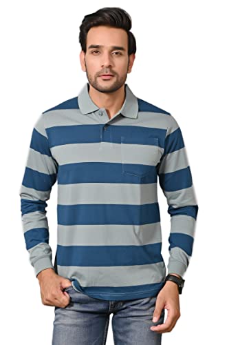 Image of ARBOUR Men Polo Neck Stripes Pocket Full Sleeves T-Shirt