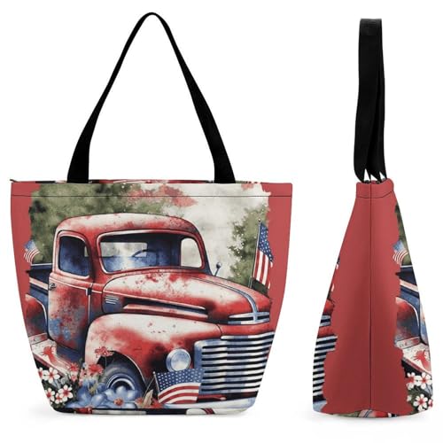 Women Tote Bags with Handles Patriotic Old Red Truck Shoulder Bag with Zipper Handbags Shopping Bags Travel Bag Beach Bag Reusable Grocery Bag for Swim Holiday Gift