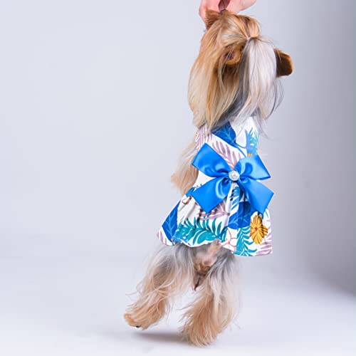 Petroom 2 Pieces Pup Dog Dresses,Cute Bowknot Shirt Dress For Small Dogs Cat Female(Tropical Leaves & Blue 2Xs) #TOP4