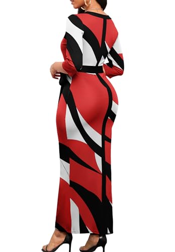 Image of Nmoder Maxi Dress for Women Long Church Cocktail Casual Dresses Colorblock Front Split 3 /4 Sleeve V Neck Pencil Dress
