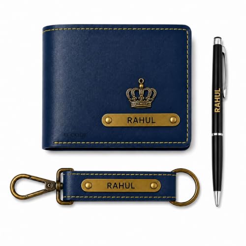 Image of B'Code Personalized Name & Charm Leather Wallet Mens Combo Giftset | Customized Birthday Anniversary Wedding Engagement Office Gifts for Man| Gift for Men| Brothers Raksha Bandhan Present (Blue)