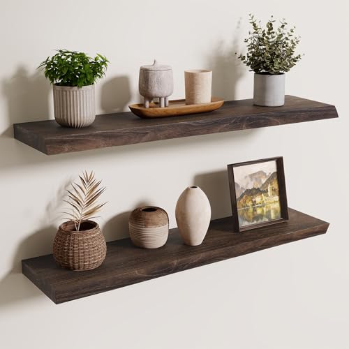 Image of Axeman 32 inch Floating Shelves for Wall Live Edge, Walnut, 2PCs | 8'' D Rustic Solid Elm Wood, Wall Mounted, Wall Shelves, Invisible Bracket, Living Room Bedroom Kitchen