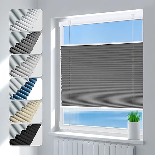 Deswell Klemmfix Store plissé occultant sans perçage - 35 x 100 cm (l x H) - Gris - 100 % opaque - Store plissé thermique - Brise-vue - Protection solaire pour...