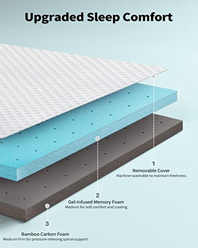 Perlecare 3 Inch Memory Foam Mattress Topper, 1.5 Inch Bamboo Carbon Foam Plus 1.5 Inch Gel-Infused Memory Foam, Medium Firm Mattress Topper With Removable Soft Cover, Queen #TOP1