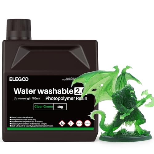 Image of ELEGOO Upgraded Water Washable Resin 2.0, Clear Green 2000G | 3D Printer Resin Low Viscosity and High Precision, 405nm Rapid UV-Curing Photopolymer Resin, 3D Resin for LCD /DLP 3D Printing