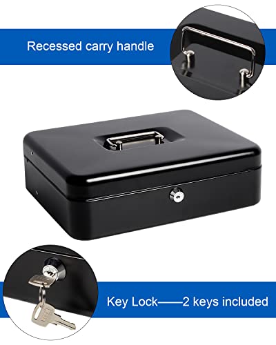 Cash Box With Money Tray And Lock, Large Money Box For Cash, 5 Compartments, 4 Spring-Loaded, Money Safe With Security Cable, Black #TOP2