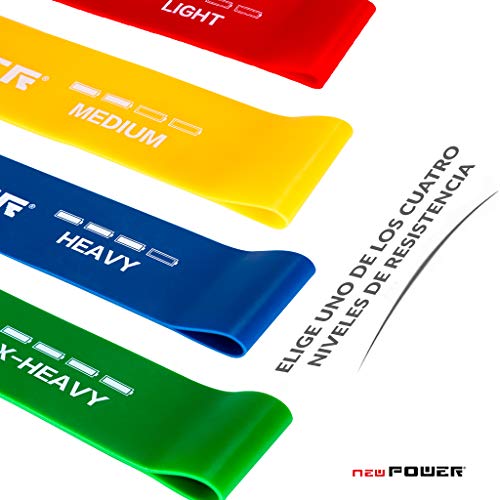 NEWPOWER - Pack 4 Cintas Elásticas Fitness de Resistencias Dif. Hechas en Látex Natural con Gran Resistencia y Flexibilidad. Cintas de Resistencia para Pilates, Yoga, Entrenamiento de Fuerza y HIIT