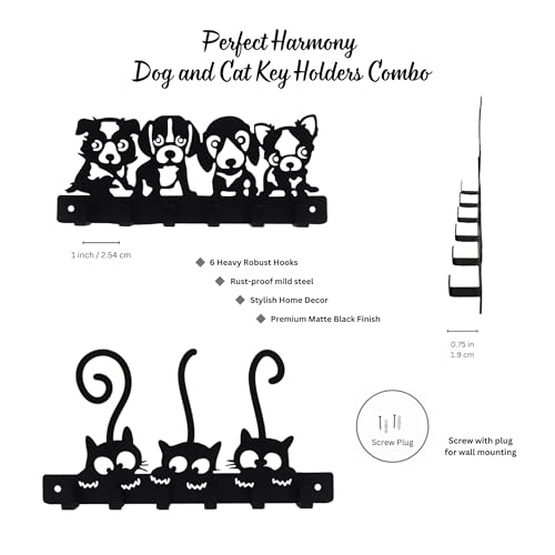 Image of Pet Lover's Combo of Wall Key Holder - Kitty & Pups Design - Premium Matte Black Finish - 6 Hook Key Organizer - Stylish Key Storage - Elegant Wall Mounted Key Rack for Home & Office | Cat Design, Includes Mounting Screws, For Home Use, 6 Hook Hanger, Metal Construction