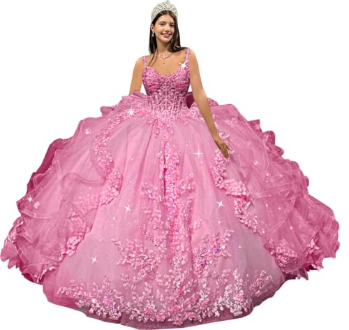 Spaghetti Straps Quinceanera Dresses with Bow Puffy Ruffled Ball Gown with Train Princess XV Dress SE0424