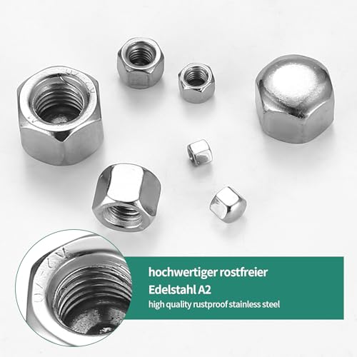 165 Stk Hutmuttern Hohe Form Set, Hutmuttern M3 M4 M5 M6 M8 M10 M12 Edelstahl hohe Form A2 V2A Hutmutter, Kappenmuttern, Sechskant Hutmuttern, Edelstahl Sechskantmuttern für Schrauben Gewindestangen