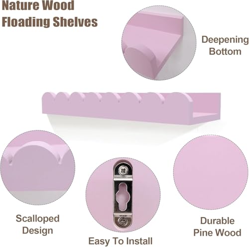 Image of Scalloped Shelves for Nursery - Wall Book Shelves for Bedroom Kids, Nursery Bookshelf for Wall Set of 4, Floating Book Shelves Solid Wood,18 Inch (Pink)
