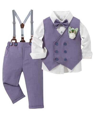 Image of YALLET Toddler Baby Boy Clothes Suit Gentleman Wedding Outfits, Formal Dress Shirt+Bowtie+Vest+Boutonniere+Suspender Pants