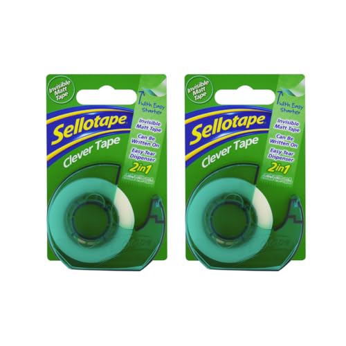 Image of Sellotape Invisible Matt Clever Tape with Dispenser, Easy tear,Can be written on & Invisible when Photocopied,Ideal for Repairing & Joining Documents,Labelling files,School & Office use,18mm x 25m x 2
