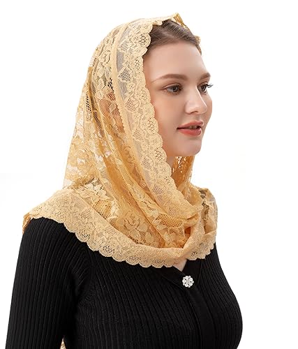 PAMOR Veils for Church Catholic Triangluar Scarf Embroidered Chapel Veil Head Covering Latin Mass Mantilla (Gold) - Thumbnail 5