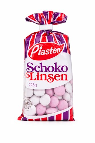 Piasten Schoko Linsen 225 g Bunte Schokolinsen mit Zuckerüberzug Knackige Schokolinsen Snack & Party Süßigkeiten + minafood Notizblock (1er Pack)