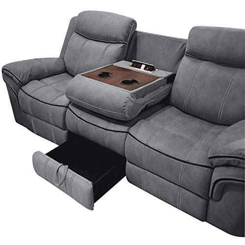 Habitrio Reclining Sofa, Solid Wood Frame&Grey Velvet Upholstered 3-Seat Recliner Couch W/Back&Seat Cushion, Drop-Down Table W/Usb Charging Dock, Middle Storage Drawer, Furniture For Living Room #TOP4