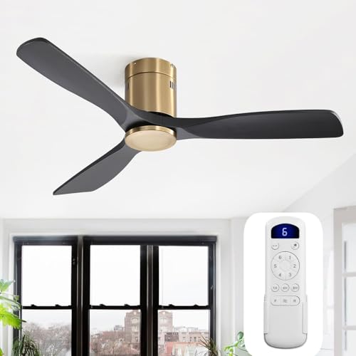 Sofucor 52 Inch Solid Wood Ceiling Fan Without Lights Flush Mount Ceiling Fans with Remote Control-Wood Blades Modern Outdoor Ceiling Fan No Light for Bedroom/Farmhouse/Patio/Indoor, Black Gold by Sofucor - Used condition - US$99.32
