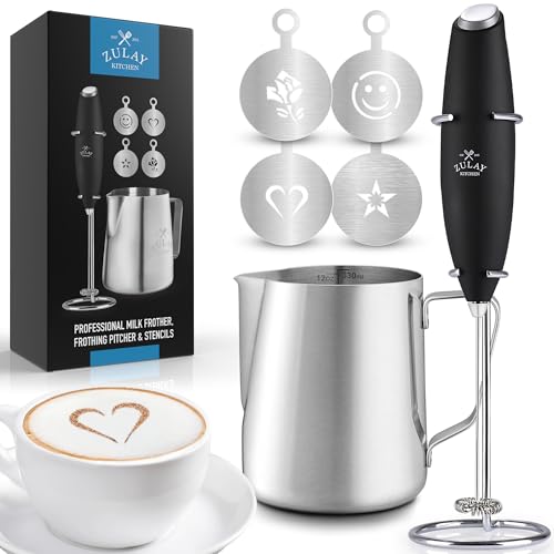 Image of Zulay Premium Gift Milk Frother Set - Handheld Coffee Frother with Stand, 12oz /350ml Frothing Pitcher + 4 Latte Art Stencils - 13,000 RPM Motor, SS Whisk, Battery Operated - Barista Kit (Black)