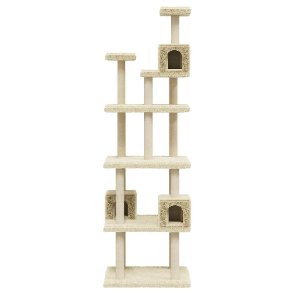 Kratzbaum groß mit 3 Katzenhöhlen, Kletterbaum für Katzen mit Sisal-Kratzsäulen und Plüsch-Aussichtsplattformen, stabiles Katzenmöbel Creme 188 cm hoch