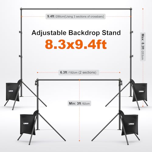 Image of LINCO Lincostore Backdrop Stand Kit 9.4x8.3ft(WXH) for Party Photography | Adjustable Back Drop Holder Frame with Clamps, Sand bags, Carry Bag for Party, Event Decoration, Wedding & Photo Studio