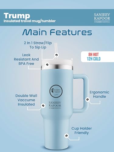 Image of Sanjeev Kapoor by Classic Essentials Stanley Stainless Steel 1200ML Tumbler with Lid and Straw, Hot and Cold Double Insulated Sipper Mug, 100% Leak Proof Coffee Tumbler Cupholder for Office (Blue)