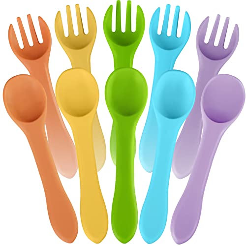 Image of 10 Pieces Baby Led Weaning Spoons and Forks Set Infant Silicone Spoon First Self Feed Baby training Utensils for Toddler First Stage Feeding Supplies for Kids Over 6 Months, 5 Pairs(Fresh Colors)