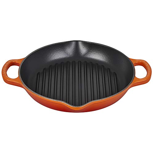 LE CREUSET Signature Hohe runde Grillpfanne aus Gusseisen, für alle Herdarten und Backöfen, 25 cm, Ofenrot, 20208250900422