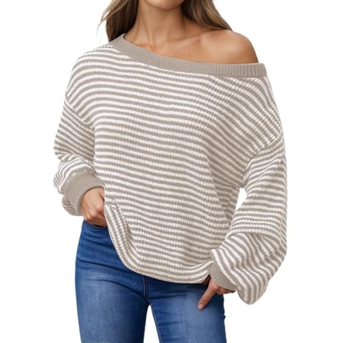 Off The Shoulder Sweater Striped Drop Shoulder Oversized Knit Pullover Long Sleeve Loose Lightweight Jumper Tops