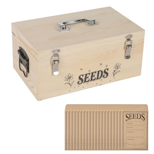 EUNEWR Saatgut Aufbewahrung Box Samen Aufbewahrung Organizer aus Holz mit Sicherheitsschloss Saatgut Aufbewahrungs Organizer mit farbigen Registerkarten und 60 Samenumschlägen