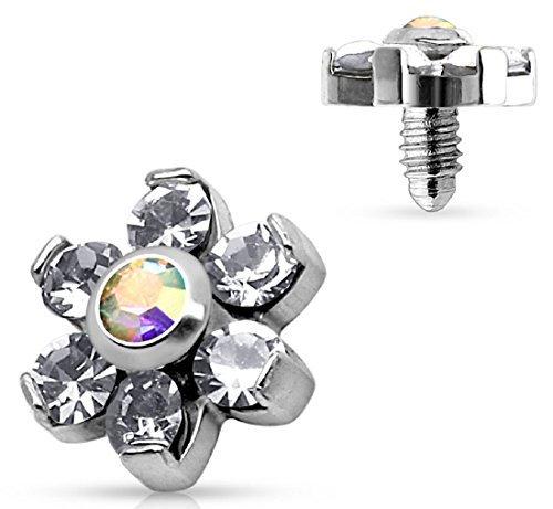 Prong Crystal Flower 316L Surgical Steel Internally Threaded Dermal Anchor Top 4mm top 14g