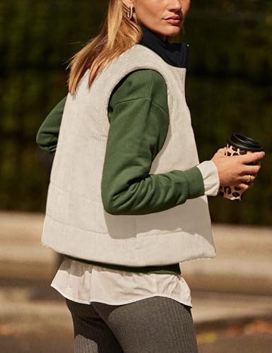 Women Corduroy Puffer Vest Cropped Sleeveless Jacket Puffy Stand Collar Gilet Coat Zip Up Outwear with Pockets3