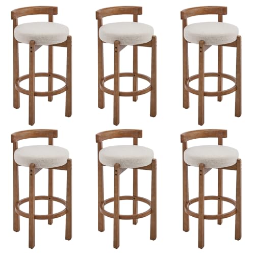 Image of CIMOTA 30 inch Bar Height Stools Set of 6 | Mid Century Modern Low Back Bar Chairs with Solid Wood Legs & Linen Upholstered Seat, High Bar Stools for Kitchen & Pub, Beige