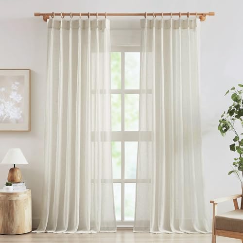 Image of FMFUNCTEX Linen Sheer Pinch Pleated Curtains for Living Room, Linen Flax Beige 96 Inches Long Sheer Curtain Panels for Bedroom, Natural Back Tab Window Drapes for Farmhouse, Rod Pocket 2 Panels