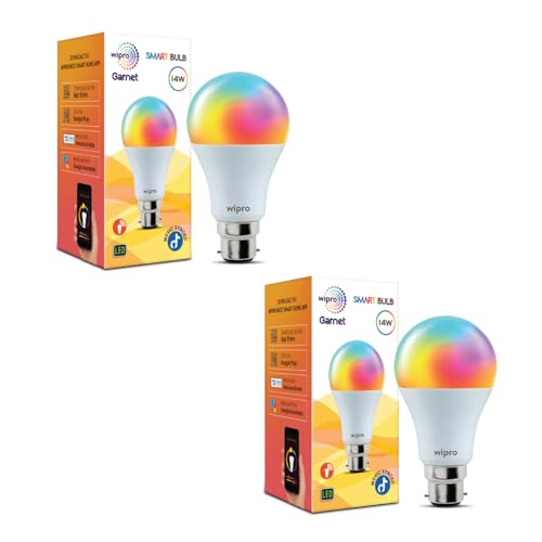 Image of wipro 14 Watt B22 WiFi Smart LED Bulb with Music Sync | 16M Colours & Shades of White | App Control | Compatible with Amazon Alexa and Google Assistant | Ideal for Living Room & Bedroom | Pack of 2
