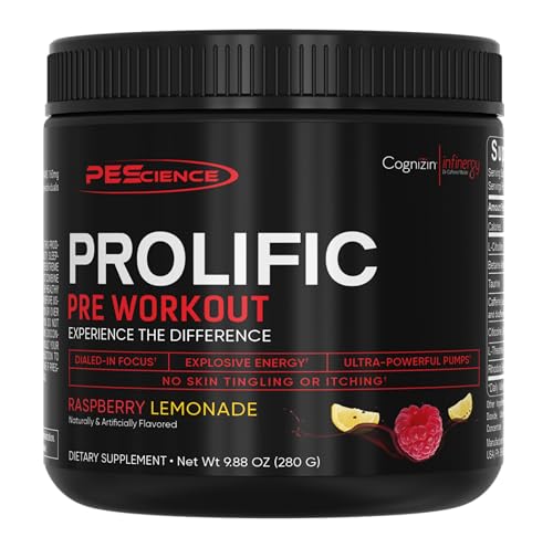 Image of PEScience Prolific Pre Workout Powder for Men & Women with L-Citrulline Nitric Oxide Booster, Energy Powder & Nootropic for Focus - Preworkout Without Beta Alanine - 40 Scoops, Raspberry Lemonade