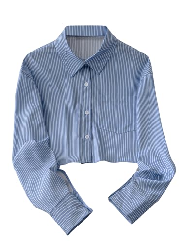SweatyRocks Women's Striped Button Down Crop Blouse Long Sleeve Collar Shirt Tops with Pocket