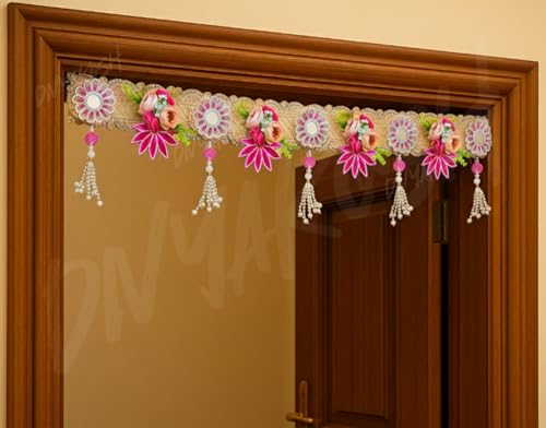 Image of Divyakosh Premium Decorative Flower Toran for Door | Handmade Artificial Floral Bandarwal with Beads & Tassels | Festive Home Decor Toran for Entrance | Traditional Wall Hanging for Diwali, 40 Inch