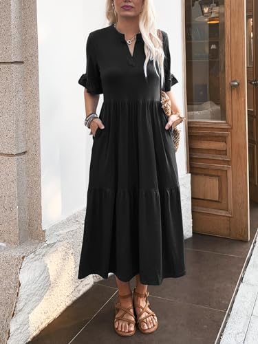 Image of Mieazom Short Sleeves Maxi Dress for Women A Line Summer Dress V Neck Casual Loose Tiered Long Dresses with Pockets