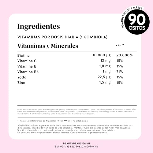 Gominolas Biotina Ah-mazing Hair Vitamin – Para el cabello, uñas y piel - 10.000 µg de Biotina, Zinc, Vitaminas B6, C, E e Yodo – 90 Unidades (3 meses), Vegana, Sin Azúcar, Bears with Benefits - imagen 11