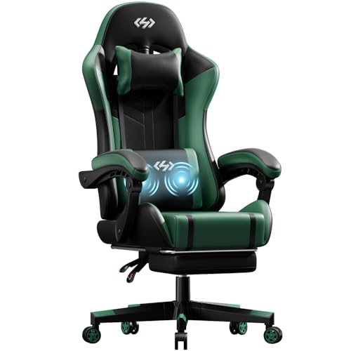 HLDIRECT Gaming Chair, Ergonomic Video Game Seat with 360° Swivel & Lumbar Massage, Computer Chair PU Leather Cushion for Adults Home/Office Use (Black & Green)