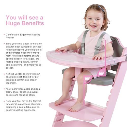 Image of Cowiewie New Upgrade 3-in-1 Convertible Wooden High Chair for Babies & Toddlers 10 Levels Adjustable 3-Tier Remove 2 Waterproof Cozy Cushions Pink