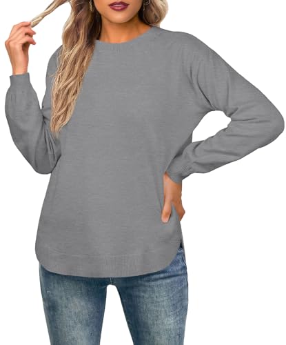 GRECERELLE Women's Casual Crewneck Lightweight Balloon Long Sleeve Pullover Sweater Dressy Tops Knit Clothes Small Dark Gray
