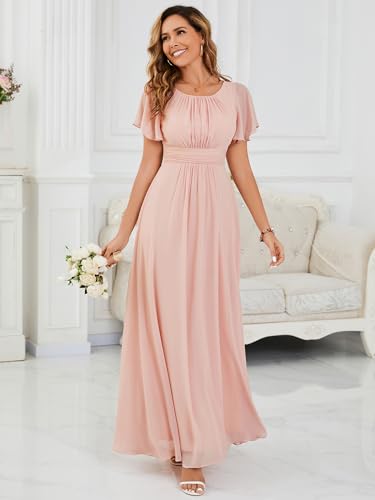 Image of Ever-Pretty Women's Spring Elegant Round Neck Short Sleeve Chiffon Empire Waist Floor Length Formal Dresses Bridesmaid Dress
