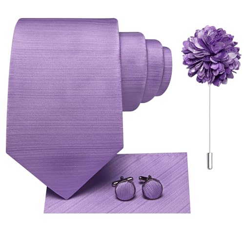 Image of Hi-Tie Men Silk Ties Set with Flower Lapel Pin Necktie Pocket Square Cufflinks for Tuxedo Wedding Business