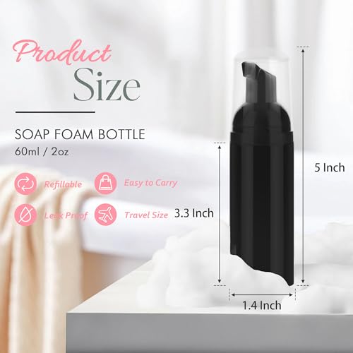 Foam Pump Bottle 2Pcs Travel Lash Shampoo Bottle, Empty Portable Refillable Mousse Foam Soap Dispenser for Hand Soap, Lash Cleanser, Shampoo, Face Wash, Cosmetics (Black, 2oz/60ml)2