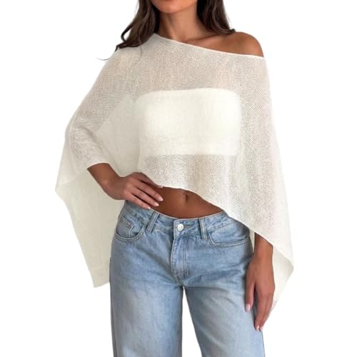 Womens Sheer Poncho Top Y2k Knitted Summer Asymmetrical Mesh Shawl Pullover Sweater Cover Up Tops (US Alpha One Size Regular Regular Light Yellow)