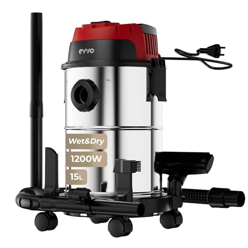 EVVO Aspirador de Sólidos y Líquidos AE84 – Aspiradora Wet & Dry 1380W, Depósito INOX 20 L, Succión 16 kPa, Filtro HEPA F7, Función Soplado con Válvula, Aspiradora Potente para Hogar, Taller y Coche